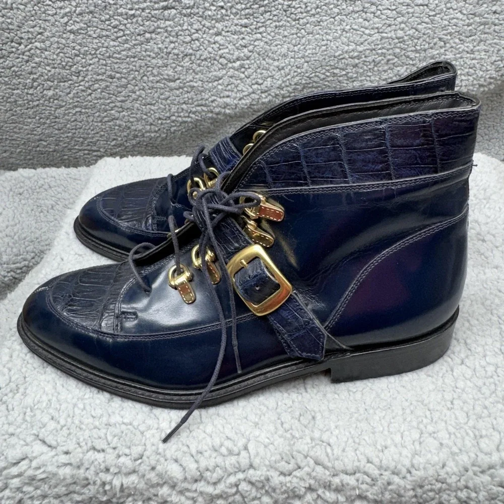 David Eden Alba Boots Mens Size 8.5 Blue Crocodile‎ Buckle Strap Chukka Italy